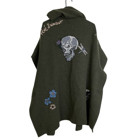 Zadig & Voltaire Inna Cashmere Cardigan Sweater Green Womens Embroidered Skull - Picture 1 of 14